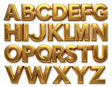Golden Alphabet Letters A to Z Shiny Metallic Font.