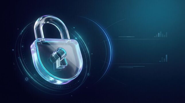 Digital lock hologram with blue neon glow in a futuristic cybersecurity concept - 3D render
