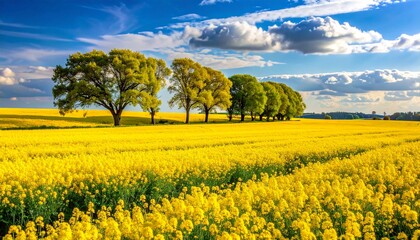 Fototapeta premium Golden rapeseed field with trees in the background on a bright spring day.