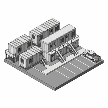 Isometric illustration of a modern shipping container building complex with parking.