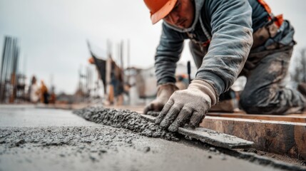 Skilled Worker Finishing Concrete Work on Construction Site with Focus on Precision and Craftsmanship