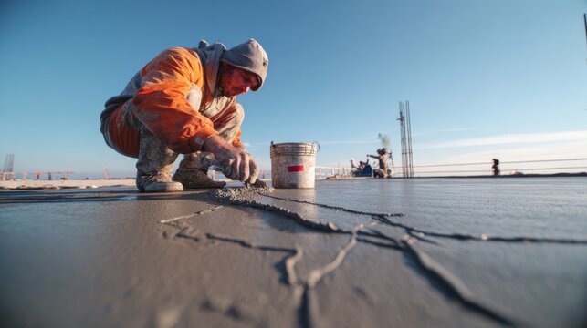 Skilled Worker Finishing Concrete Surface during Construction Work under Bright Sky