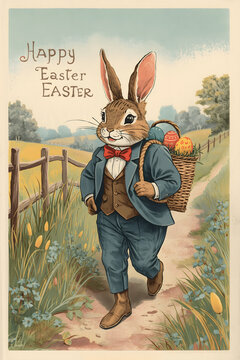 Vintage Easter Bunny with Basket, Countryside Holiday Retro Illustration