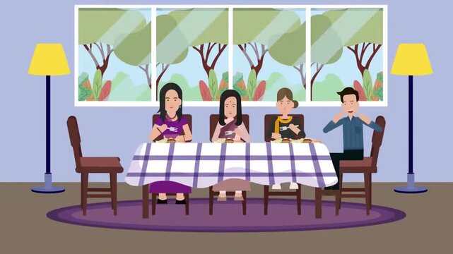 Family dining together at restaurant animation, social gathering and celebration concept