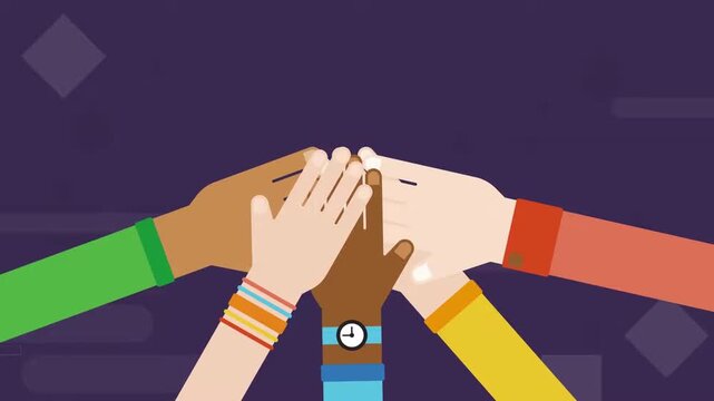 Teamwork hands together animation, cooperation and unity partnership concept, collaboration and team support symbol, 2D cartoon