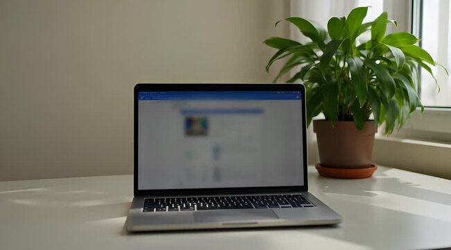A silver portable notebook computer with a blank black screen and keyboard sits open on a desk in a modern office or kitchen for business communication and internet data access