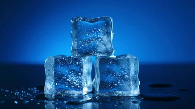 Crystal clear ice cubes stacked artistically glowing under cool blue ambient light