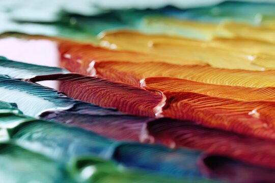a close up of an abstract painting with rainbow colors, a blurred image of the shape and color of fish gills is reflected in it, fluid lines.