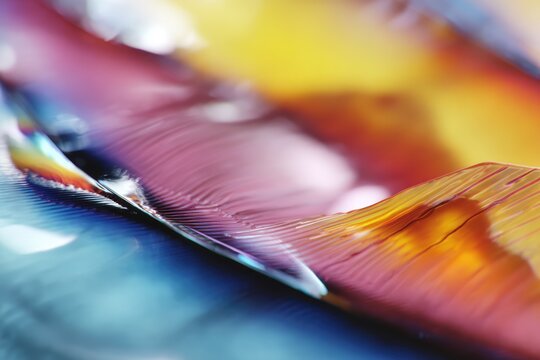 a close up of an abstract painting with rainbow colors, a blurred image of the shape and color of fish gills is reflected in it, fluid lines.