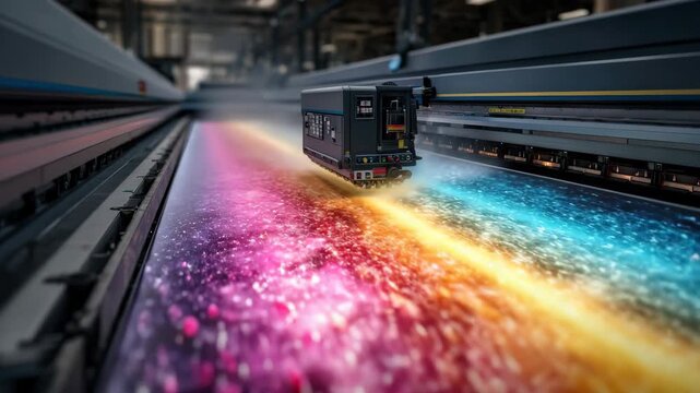 High quality 4k video of a printer creating colorful patterns in a factory setting