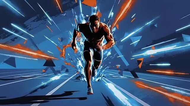 Dynamic Male Runner in Motion with Vibrant Blue and Orange Abstract Background.