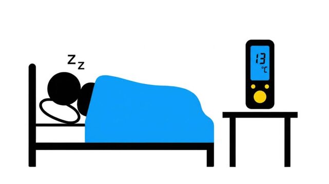 Stick Figure Person Sleeping Soundly in a Cool Bedroom, Digital Thermometer Showing 13 Degrees Celsius