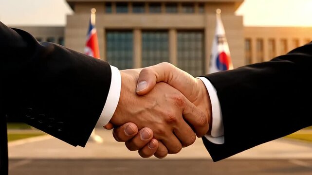 official handshake of north and south korea leaders in front of government building with national flags showing historical unification moment