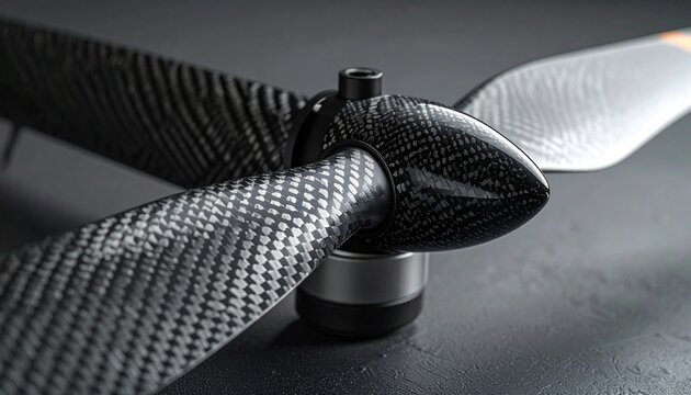 Close-up of drone motor with attached propeller, one blade featuring translucent material embedded with text or patterns, metallic motor housing with visible screws and components, combining functiona