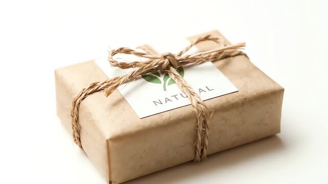 Close-up of a wrapped gift box with a natural label and twine on a white background.