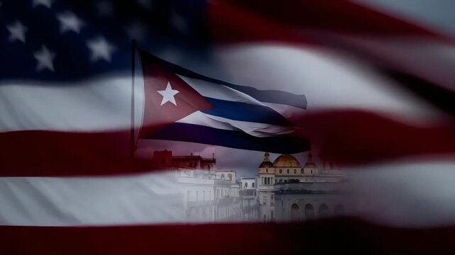flag of cuba waves in the foreground while a translucent us flag and the outlines of a classic cathedral in havana shine through it symbolizing cultural and political proximity