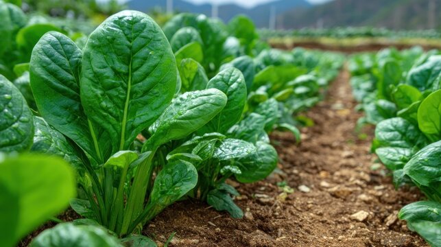 Spinach crops growing in agricultural field