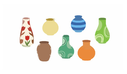 Ceramic vases vector collection with colorful pottery, antique cups, and decorative floral patterns for home decor and interior design