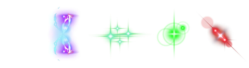 Abstract light effect collection. Includes blue and purple energy burst, green starbursts, green glow, and red lens flare elements. Created in glowing style with a vibrant color palette.