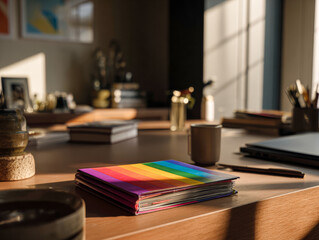 Colorful notebooks on modern workspace table