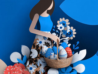 Woman Holding Basket with Colorful Easter Eggs