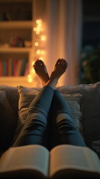 Cozy evening reading with feet up