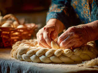 Craftsman Creating Braided Bread with Easter Eggs