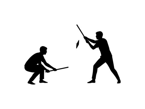 Black silhouette illustration of people playing Gilli Danda, a traditional amateur outdoor sport popular in India and South Asia, featuring players with sticks and a wooden peg.