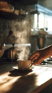 Steaming Coffee Cup in Sunlight