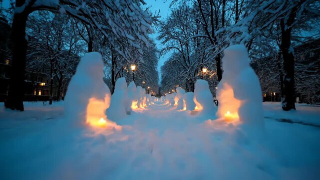 Snow Scene Walking Path Illuminated Snow Sculptures in Winter Park