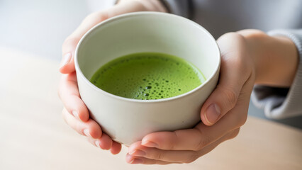 抹茶を両手で持つ Japanese Matcha Green Tea in Bowl