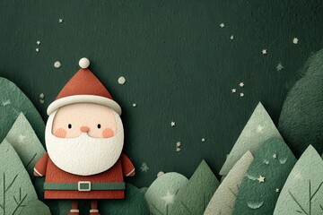 Obraz premium Cute Santa Claus cartoon on a green Christmas night with mountains and stars