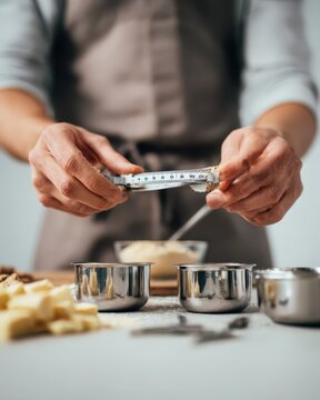 Chef measuring ingredients in kitchen