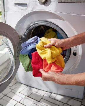 Laundry day colorful clothes being loaded into washing machine