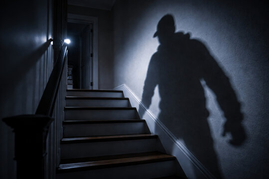 Eerie shadow of a figure creeping up the stairs at night