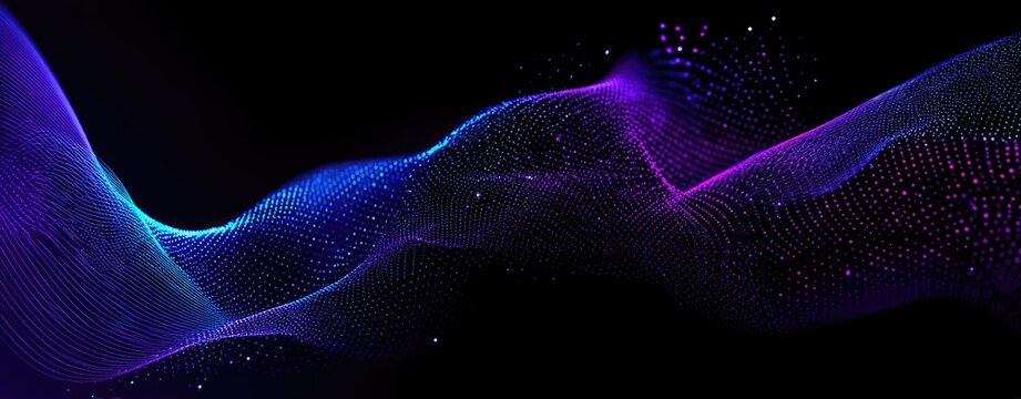 Abstract blue and purple particle wave on dark background with flowing digital dots and gradient light, idea for AI data visualization, cloud computing technology and futuristic innovation themes