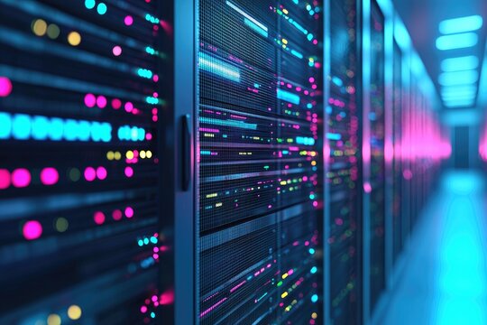Futuristic IT server racks in neon lit data center corridor with colorful LED indicators, idea for cloud computing innovation, cybersecurity systems and high performance enterprise network