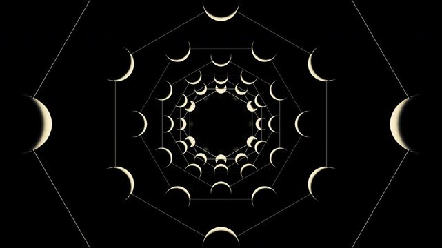 Cosmic Scene Featuring Rotating Moons In Geometric Symmetry With Golden Highlights For Visual Effect