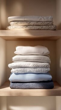 Neatly stacked folded blankets on wooden shelf