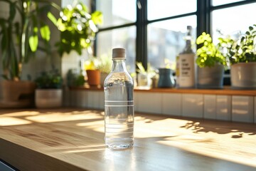 Glass bottle fluoride-free on kitchen counter