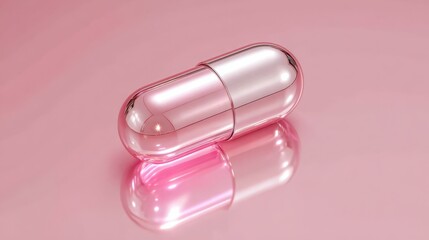 Elegant pink capsule on glossy surface with soft reflections, symbolizing beauty and health in modern design