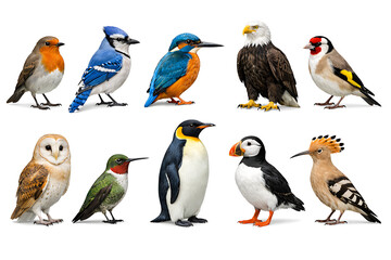 Fototapeta premium Diverse bird species collection including eagle owl penguin kingfisher and puffin isolated on white