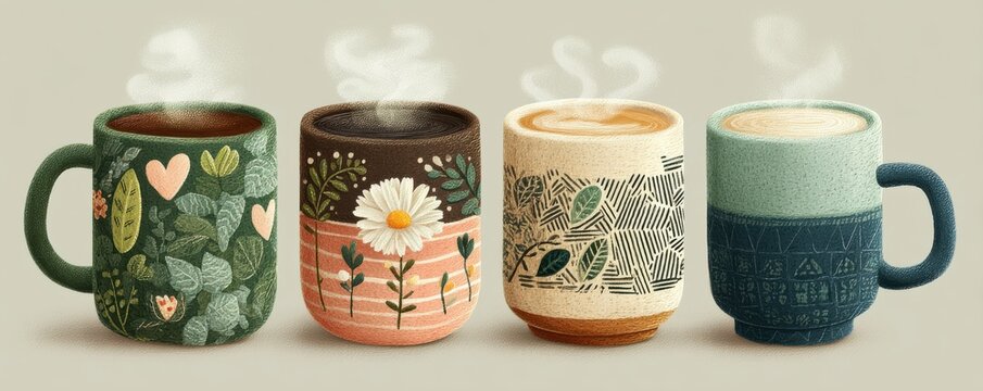 Cozy coffee mugs with decorative patterns and rising steam in a row