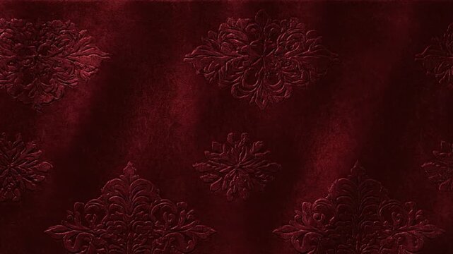 Deep Red Textured Fabric with Embossed Floral Damask Pattern, Luxurious and Elegant