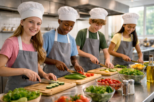 Young chefs learning to prepare fresh vegetables in modern kitchen