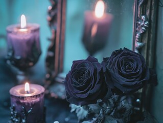 Gothic arrangement of dried black roses and candles