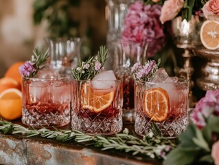 Cocktail garnishes featuring dried flowers and citrus