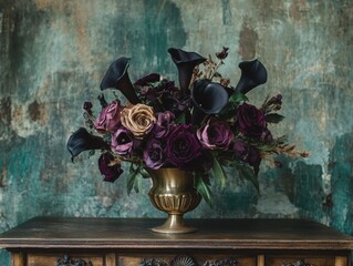 Dark floral arrangement with dried roses and candles