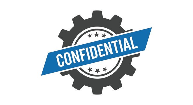 Seal graphic featuring a blue banner marked confidential overlaid on a dark gear mechanism