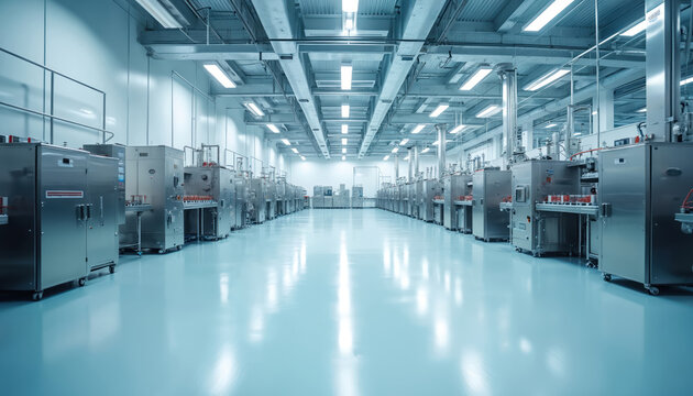 Modern sterile pharmaceutical factory interior. Automated manufacturing lines with stainless steel machinery operate in clean room environment. Production facility shows advanced technology for